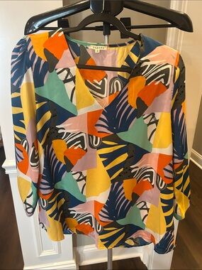 JODIFL Oversized Multi-Color V-Neck Shirt with Orange and Yellow Accents
